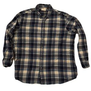 Bass Pro Shops Mens Plaid Flannel Button Up Shirt Long Sleeve Blue Cream Size XL